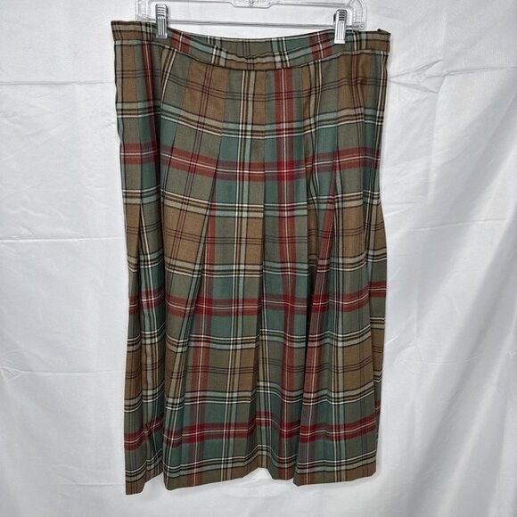 Vintage Pendleton Plaid Skirt Sz 18 Pleated Virgin Wool Brown Green Red Midi USA - Picture 1 of 5